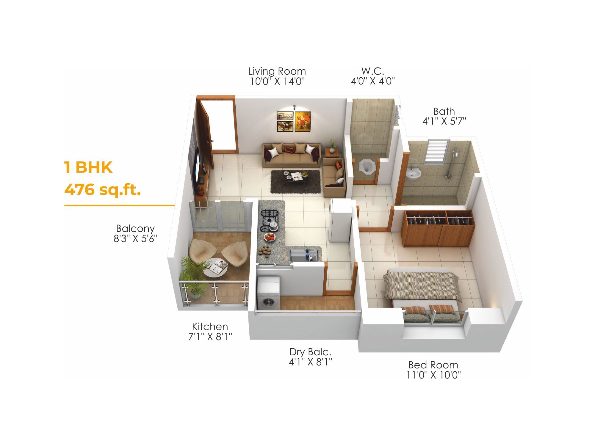 Floor plan of 1 BHK 476 Sq. Ft. Apartment in MDD Global Spaces, Pune