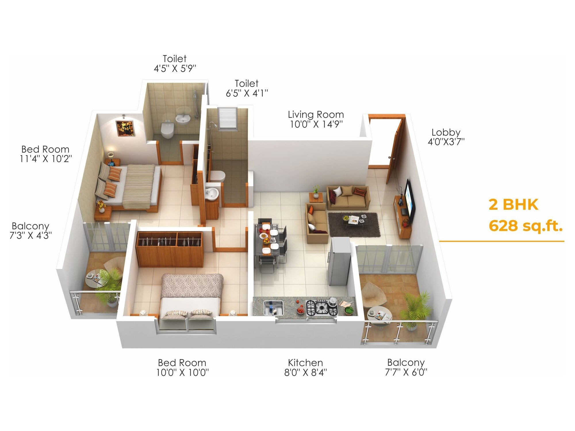 Floor plan of 2 BHK 628 Sq. Ft. Apartment in MDD Global Spaces, Pune