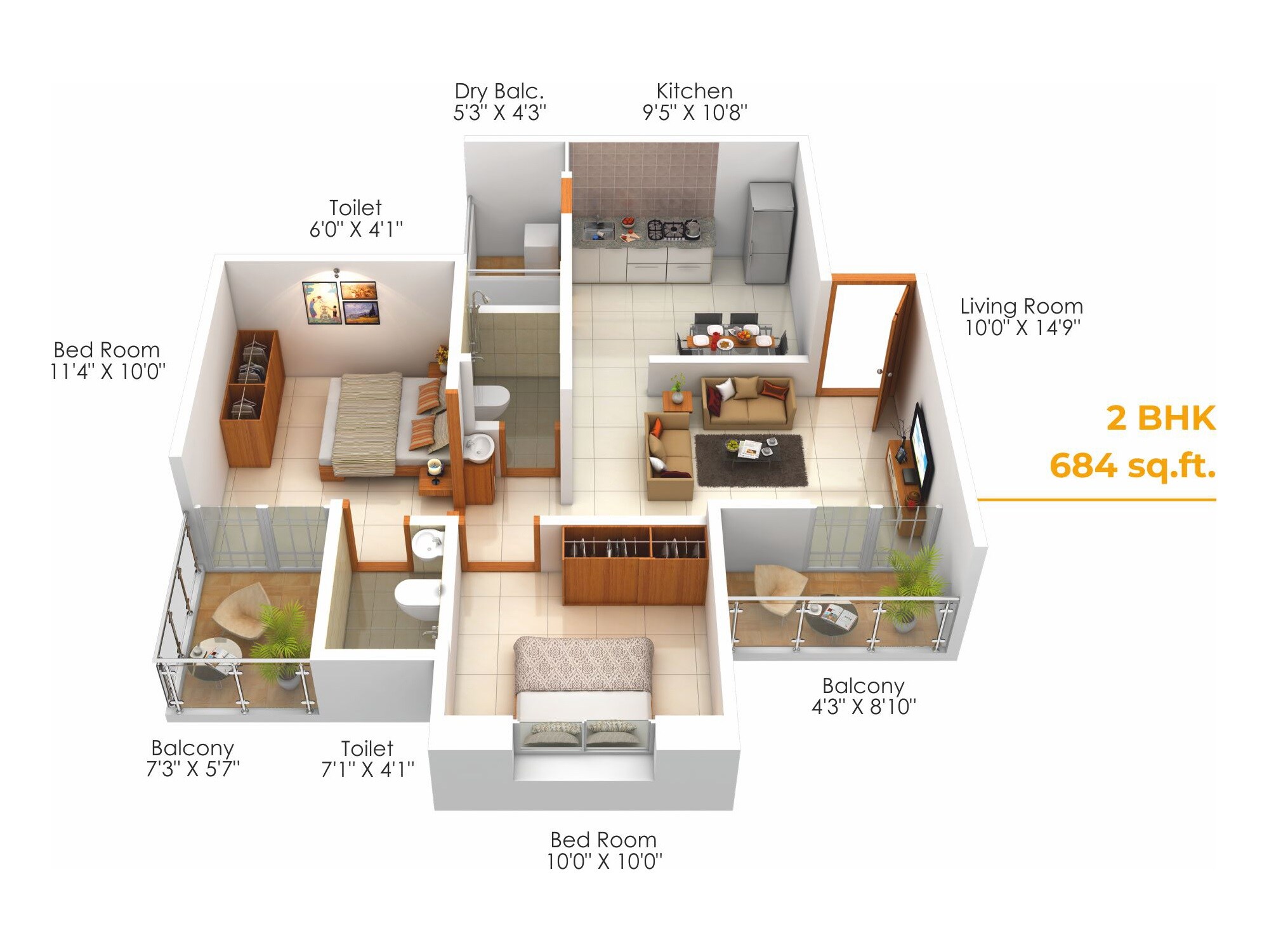 Floor plan of 2 BHK 684 Sq. Ft. Apartment in MDD Global Spaces, Pune