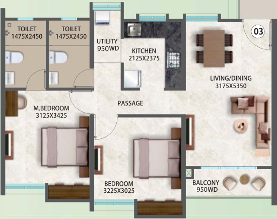 Floor plan of 2 BHK 637 Sq. Ft. Apartment in Megapolis Serenity, Pune