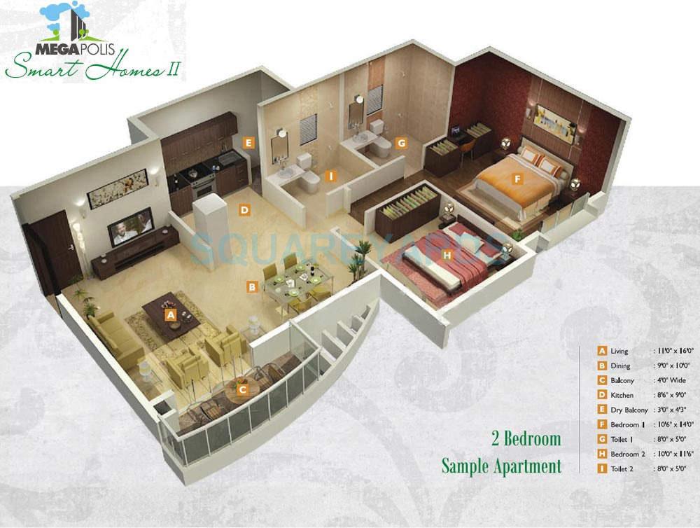 Floor plan of 2 BHK 1007 Sq. Ft. Apartment in Megapolis Smart Homes II-Sunway, Pune