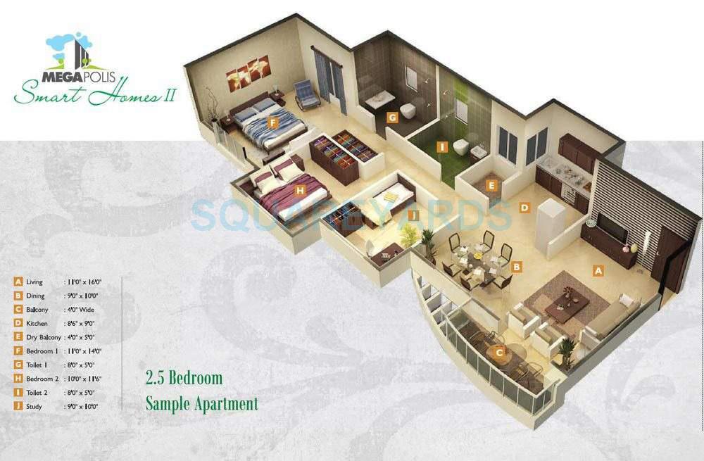 Floor plan of 2 BHK 1205 Sq. Ft. Apartment in Megapolis Smart Homes II-Sunway, Pune