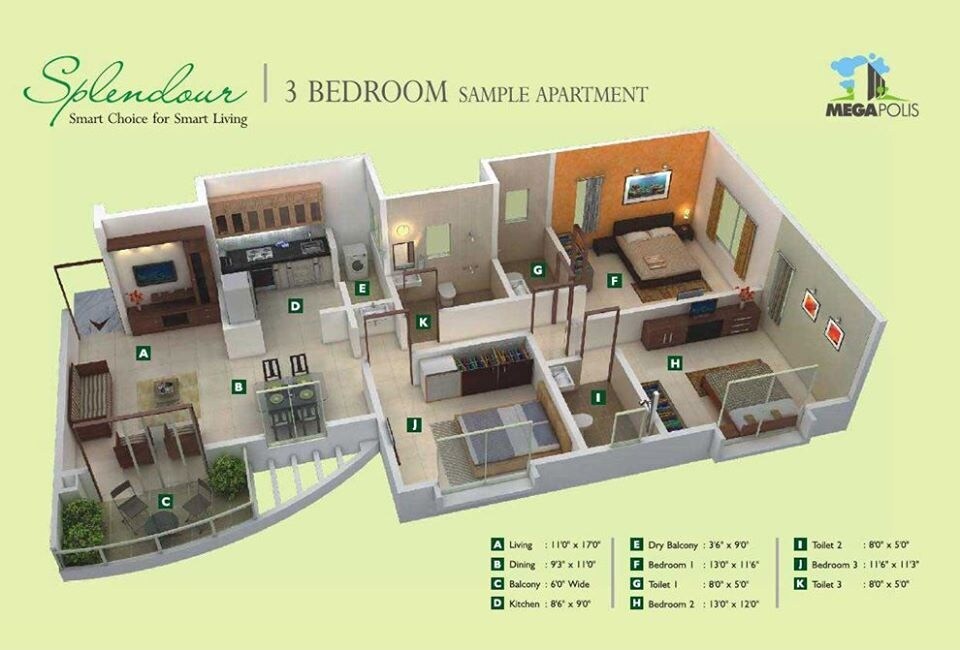 Floor plan of 3 BHK 1228 Sq. Ft. Apartment in Megapolis Smart Homes III, Pune