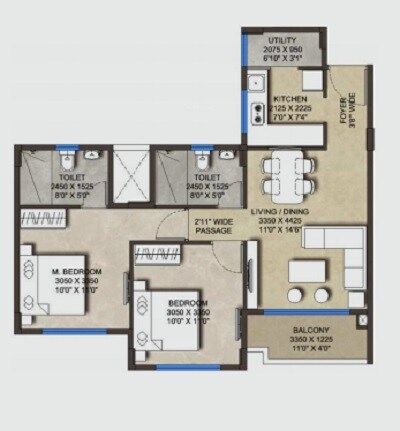 Floor plan of 2 BHK 604 Sq. Ft. Apartment in Megapolis Symphony, Pune