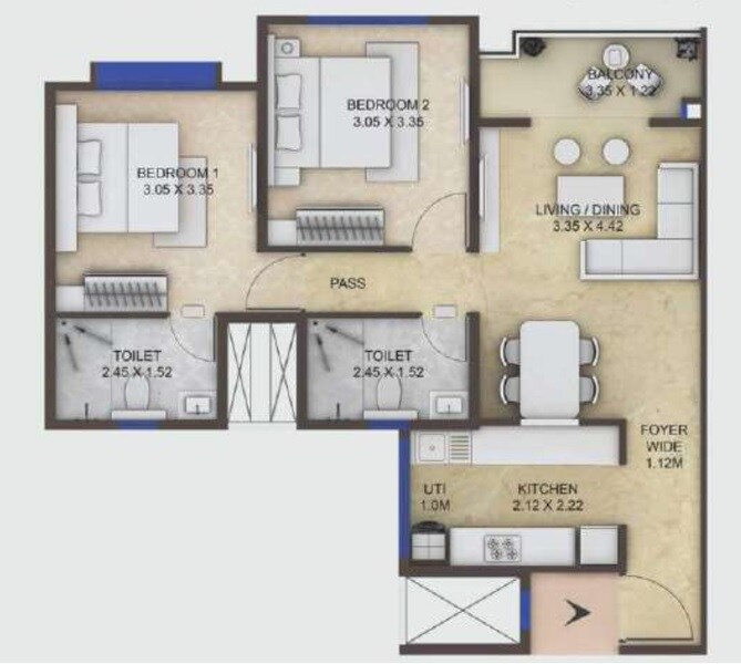 Floor plan of 2 BHK 621 Sq. Ft. Apartment in Megapolis Symphony, Pune