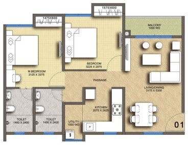Floor plan of 2 BHK 623 Sq. Ft. Apartment in Megapolis Township, Pune