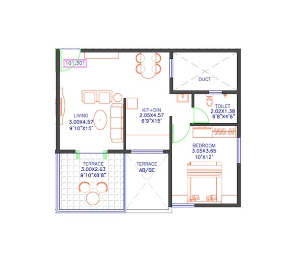 Floor plan of 1 BHK 563 Sq. Ft. Apartment in Meghaswana 25 Karat, Pune