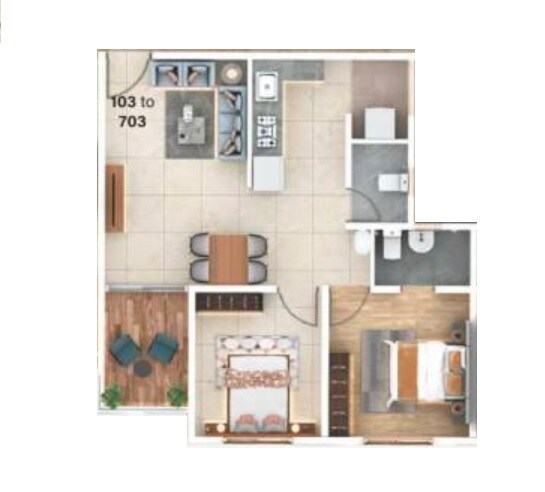 Floor plan of 2 BHK 555 Sq. Ft. Apartment in Meghsparsh Saisparsh Apartments, Pune