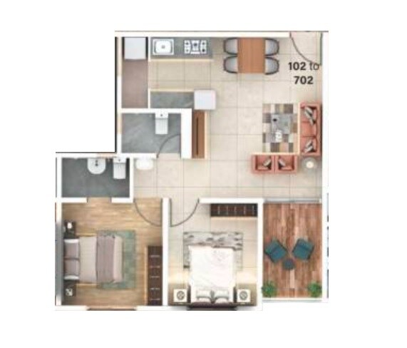 Floor plan of 2 BHK 572 Sq. Ft. Apartment in Meghsparsh Saisparsh Apartments, Pune