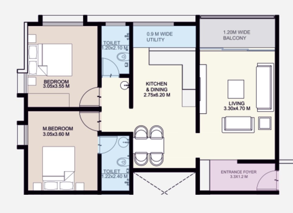 Floor plan of 2 BHK 803 Sq. Ft. Apartment in Mehta Paradise, Pune