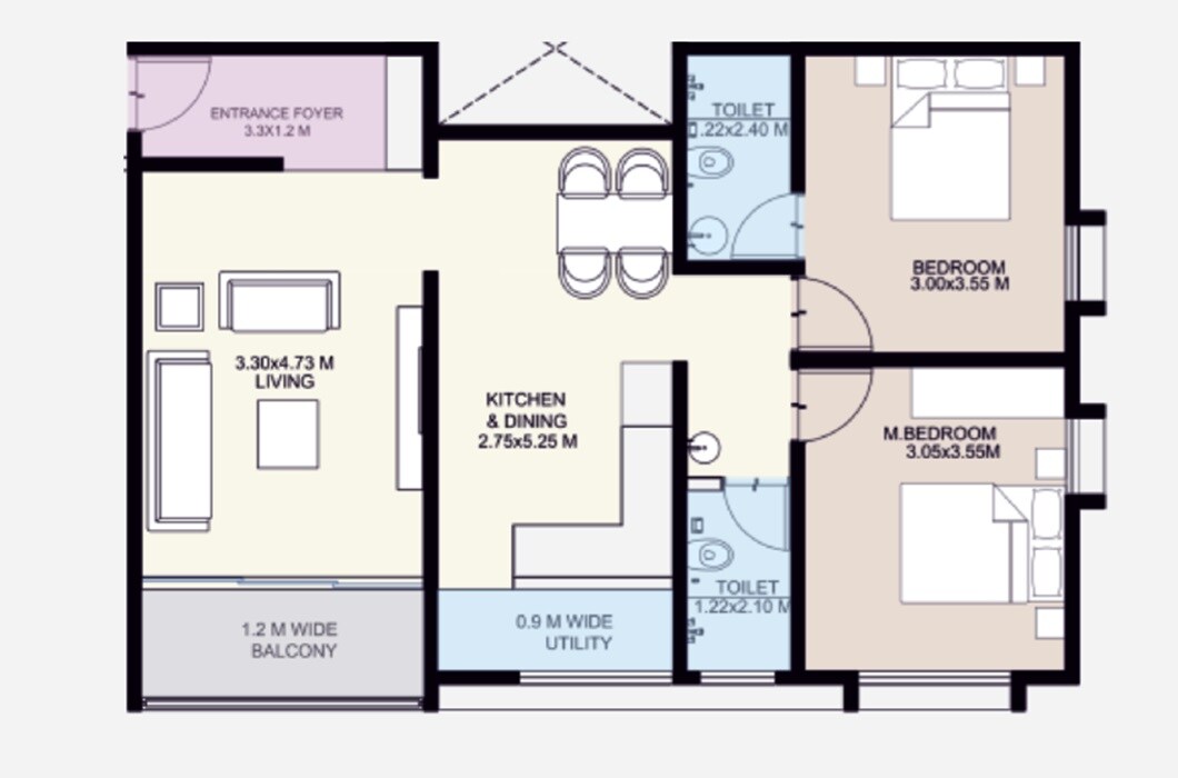 Floor plan of 2 BHK 801 Sq. Ft. Apartment in Mehta Paradise, Pune
