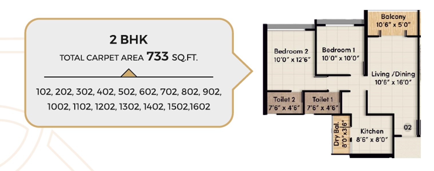 Floor plan of 2 BHK 733 Sq. Ft. Apartment in Memar Elara, Pune