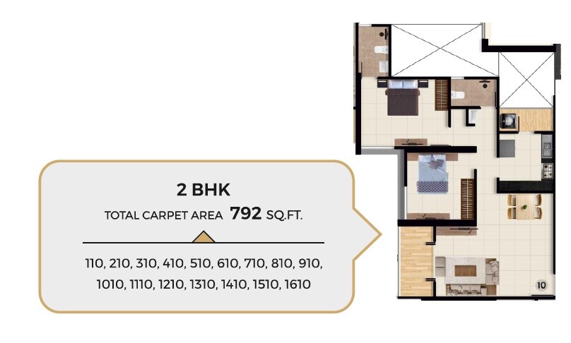 Floor plan of 2 BHK 792 Sq. Ft. Apartment in Memar Elara, Pune