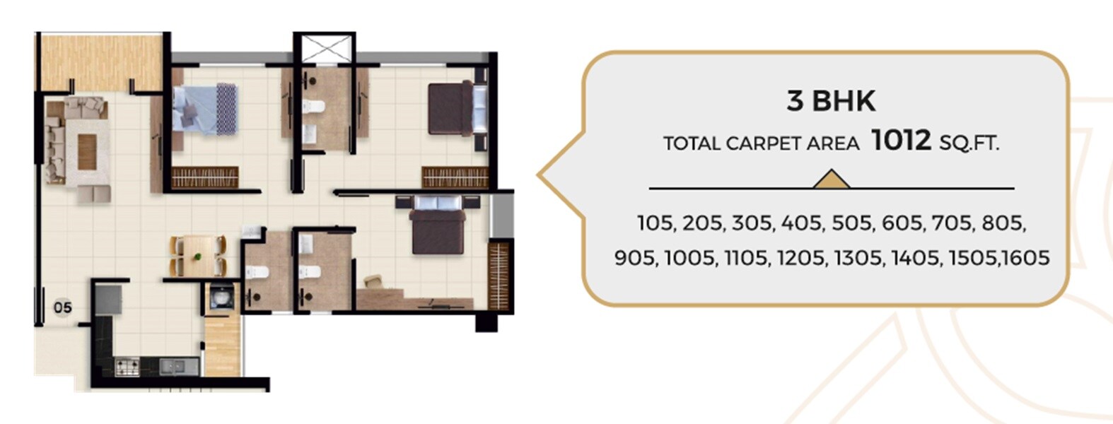 Floor plan of 3 BHK 1012 Sq. Ft. Apartment in Memar Elara, Pune