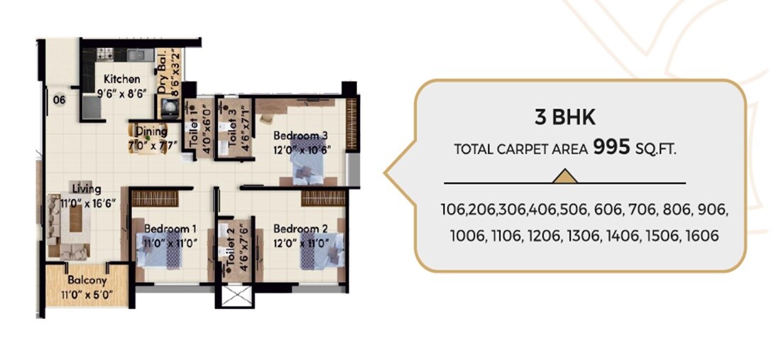 Floor plan of 3 BHK 995 Sq. Ft. Apartment in Memar Elara, Pune
