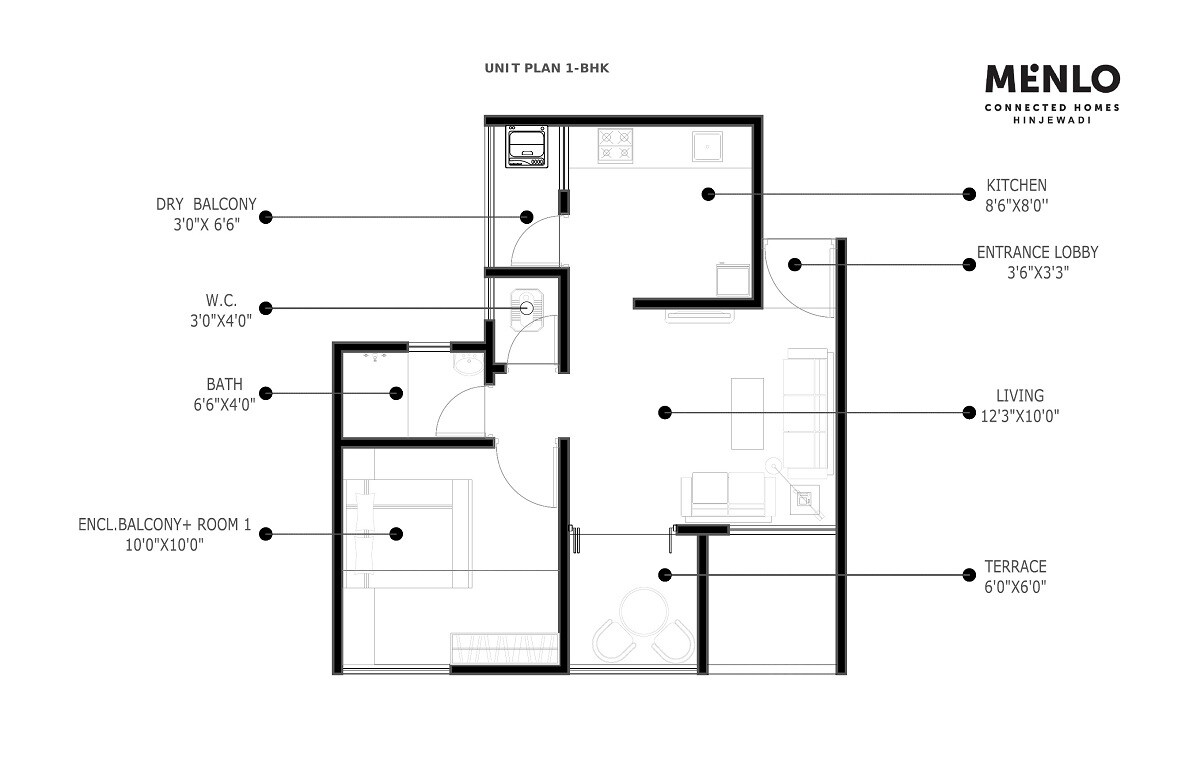 Floor plan of 1 BHK Apartment - 422 sq. ft. in Menlo Homes, Pune