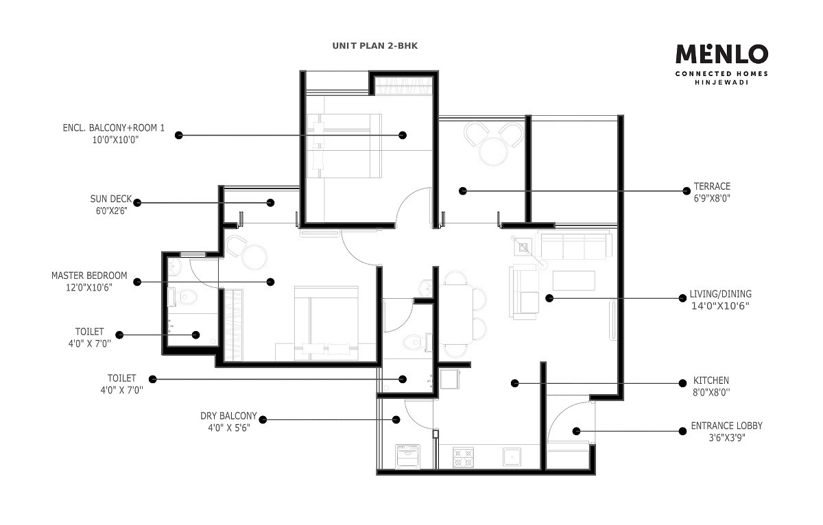 Floor plan of 2 BHK Apartment - 695 sq. ft. in Menlo Homes, Pune