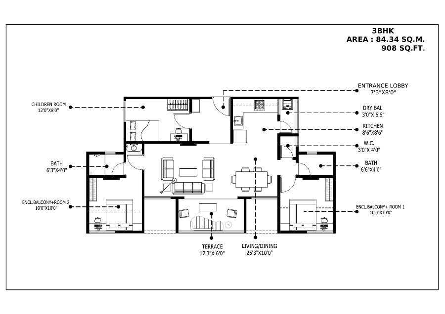 3 BHK 908 Sq. Ft. Apartment