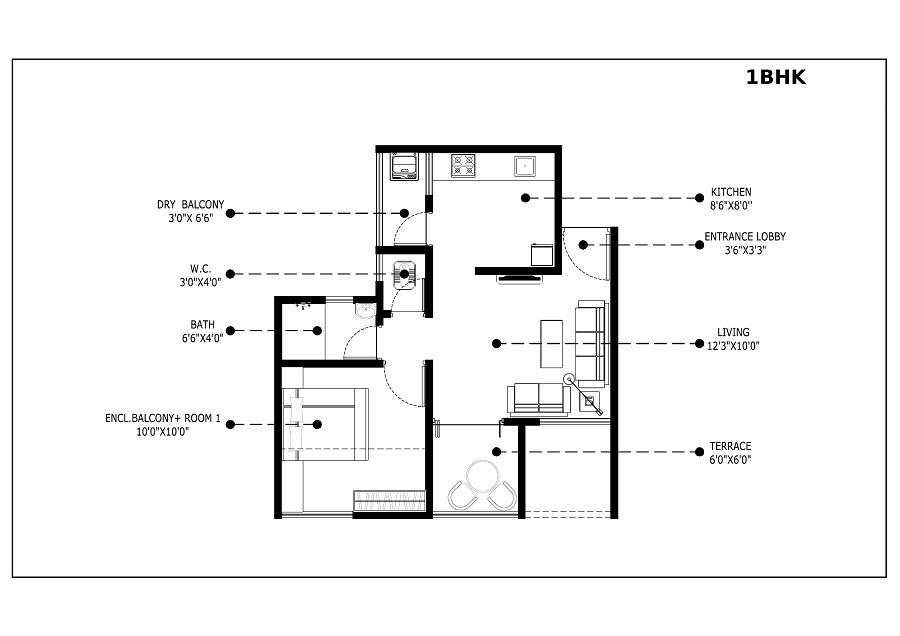 Floor plan of 1 BHK 329 Sq. Ft. Apartment in Menlo Homes Next, Pune