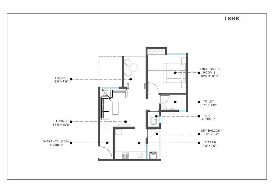 Floor plan of 1 BHK 348 Sq. Ft. Apartment in Menlo Homes Next, Pune