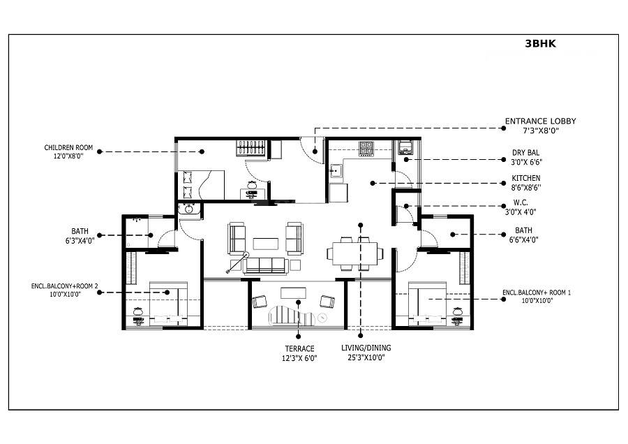 Floor plan of 3 BHK 667 Sq. Ft. Apartment in Menlo Homes Next, Pune