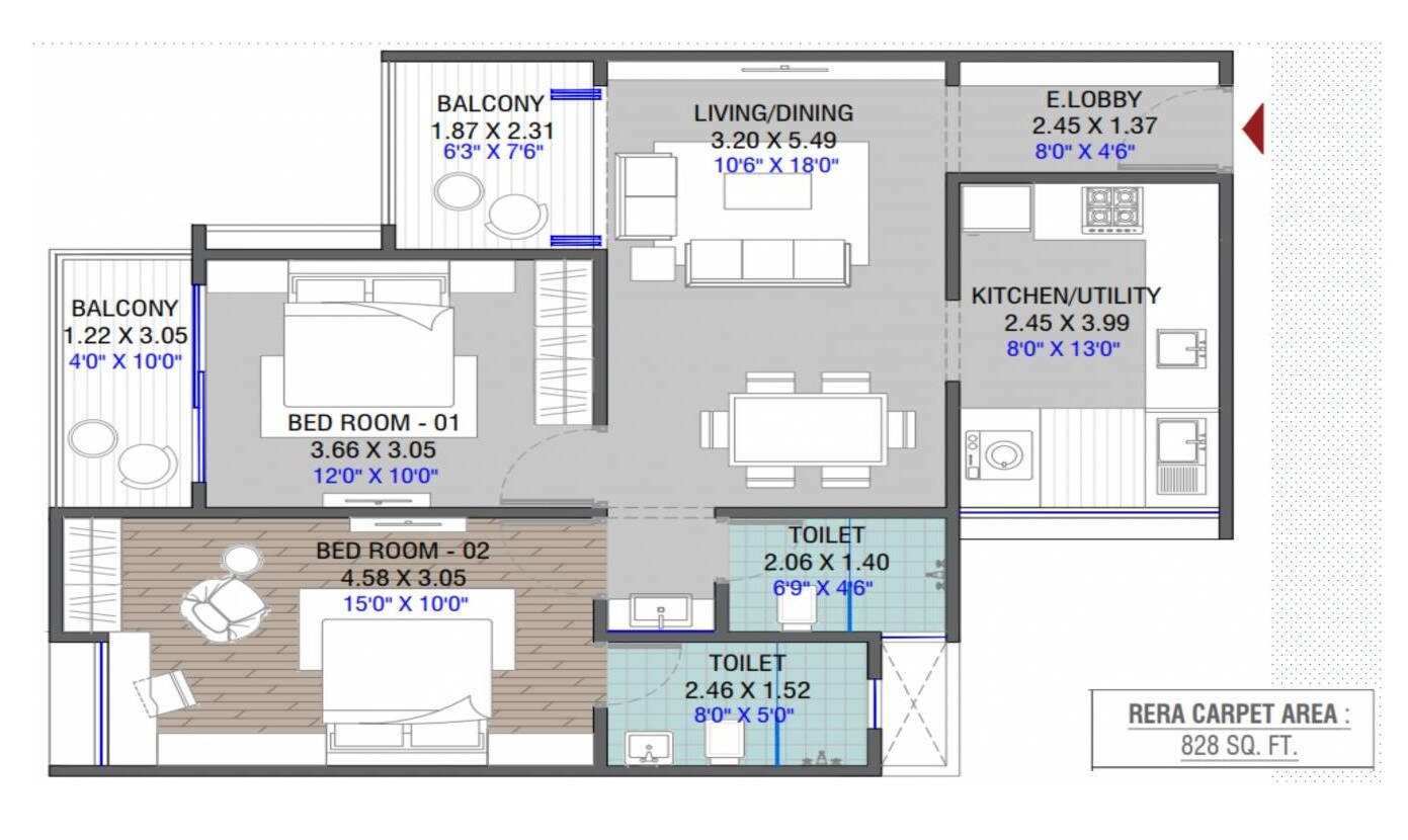 Floor plan of 2 BHK 828 Sq. Ft. Apartment in Menlo Joywoods, Pune