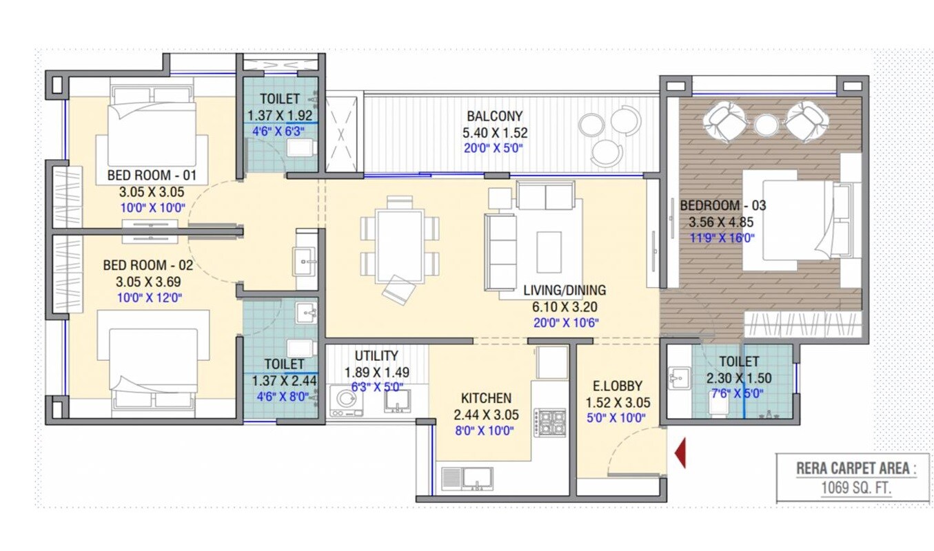 Floor plan of 3 BHK 1069 Sq. Ft. Apartment in Menlo Joywoods, Pune