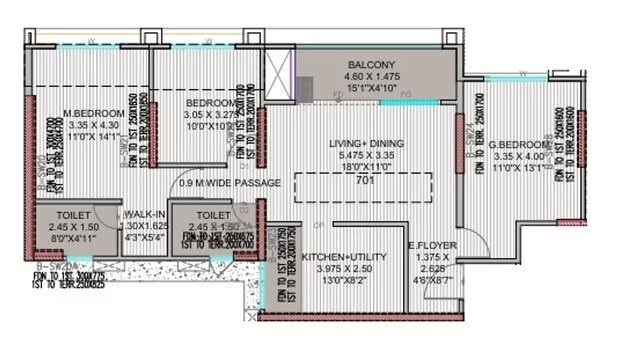 Floor plan of 3 BHK 1072 Sq. Ft. Apartment in Menlo Skyora, Pune