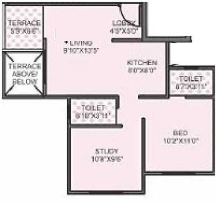 Floor plan of 2 BHK 430 Sq. Ft. Apartment in Mercury Gulmohar Park, Pune