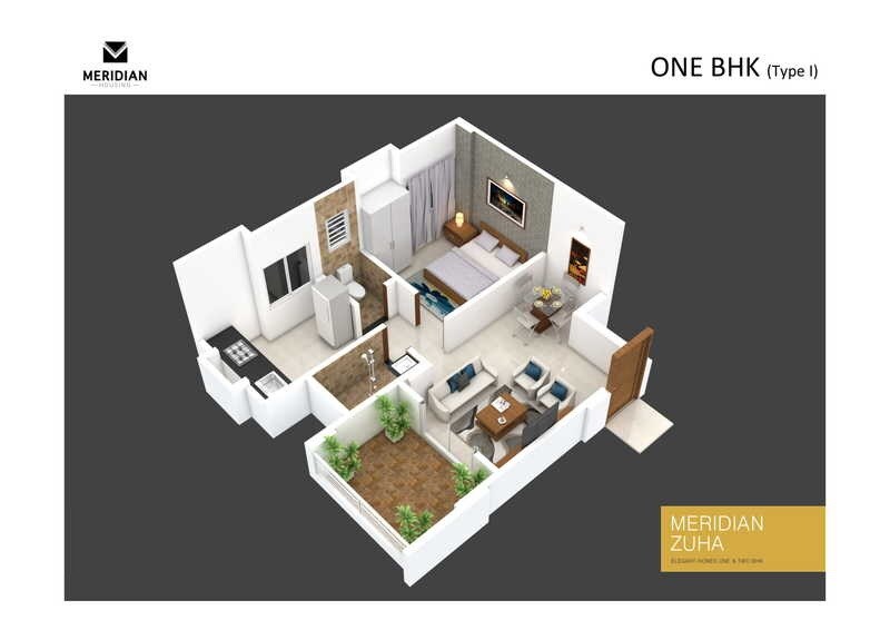 Floor plan of 1 BHK 423 Sq. Ft. Apartment in Meridian Zuha, Pune