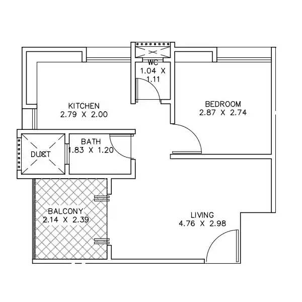 Floor plan of 1 BHK 566 Sq. Ft. Apartment in Meridian Zuha, Pune