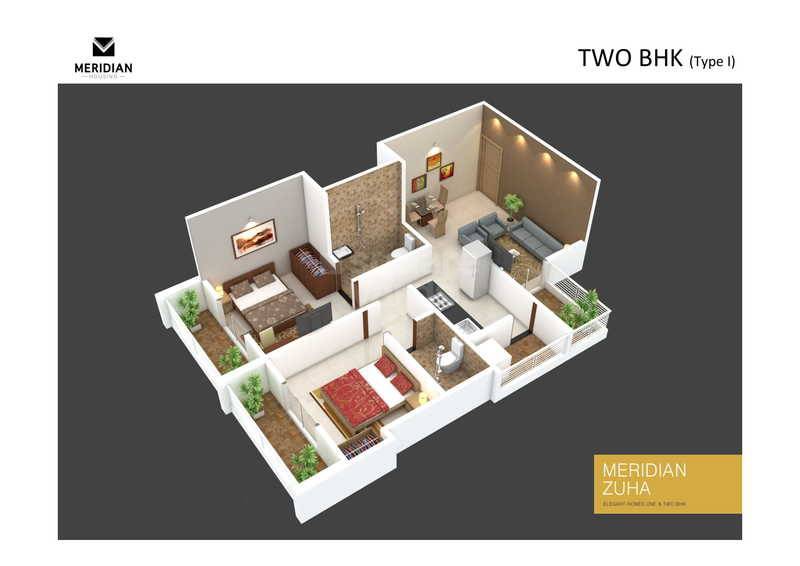 Floor plan of 2 BHK 658 Sq. Ft. Apartment in Meridian Zuha, Pune