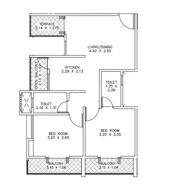 Floor plan of 2 BHK 966 Sq. Ft. Apartment in Meridian Zuha, Pune