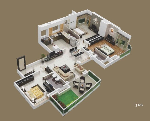 Floor plan of 3 BHK 838 Sq. Ft. Apartment in Metro Jazz, Pune