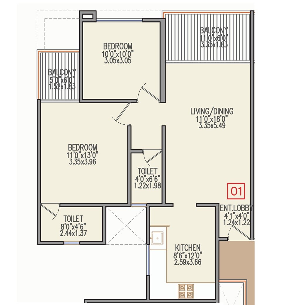 Floor plan of 2 BHK 784 Sq. Ft. Apartment in Metro Signature Park, Pune