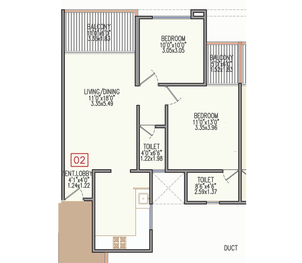 Floor plan of 2 BHK 786 Sq. Ft. Apartment in Metro Signature Park, Pune
