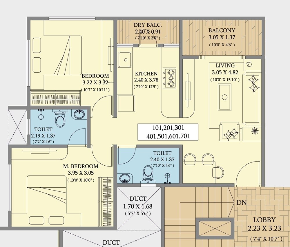 Floor plan of 2 BHK 688 Sq. Ft. Apartment in Mezon Landmark, Pune