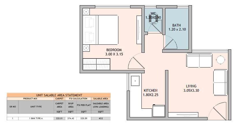 Floor plan of 1 BHK 320 Sq. Ft. Apartment in Mhada Apartments Chikhali, Pune