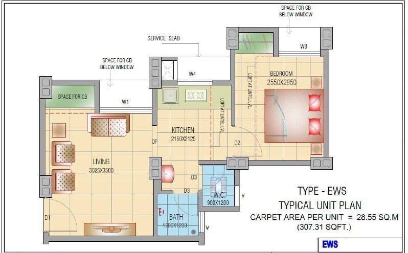 Floor plan of 1 BHK 307 Sq. Ft. Apartment in Mhada Apartments Dighi, Pune