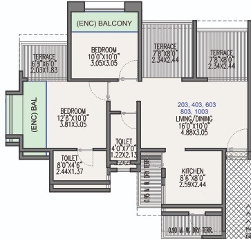 Floor plan of 2 BHK 561 Sq. Ft. Apartment in Millennium Acropolis, Pune