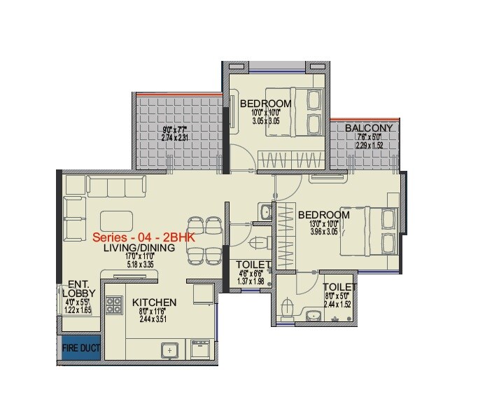 Floor plan of 2 BHK 680 Sq. Ft. Apartment in Millennium Amara, Pune