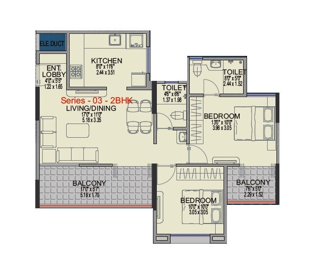 Floor plan of 2 BHK 780 Sq. Ft. Apartment in Millennium Amara, Pune