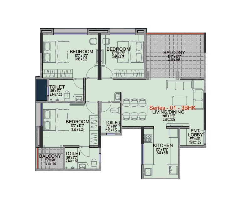 Floor plan of 3 BHK 886 Sq. Ft. Apartment in Millennium Amara, Pune
