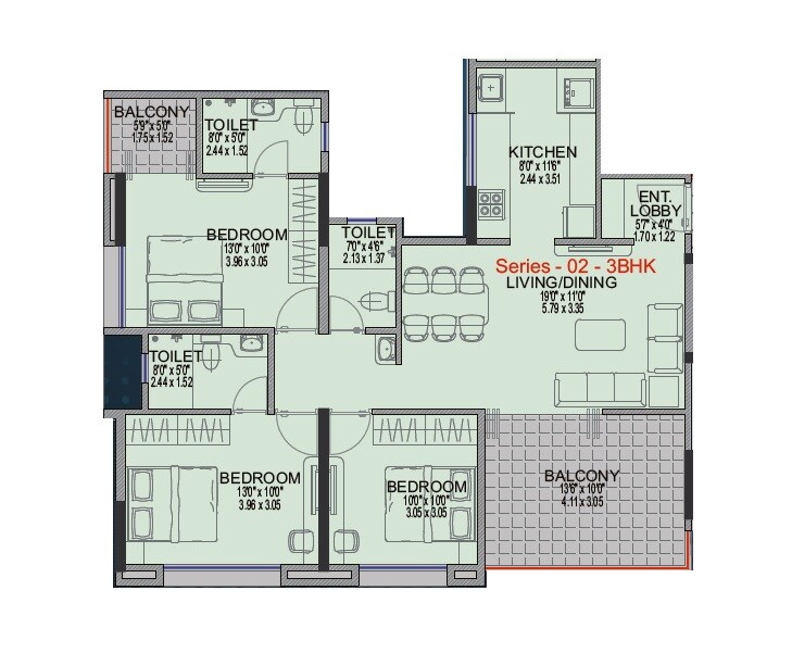 Floor plan of 3 BHK 1053 Sq. Ft. Apartment in Millennium Amara, Pune