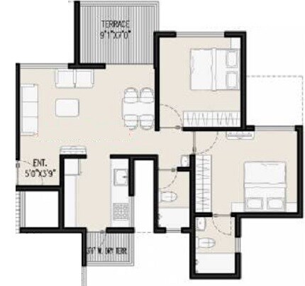 Floor plan of 2 BHK 586 Sq. Ft. Apartment in Millennium Divine, Pune