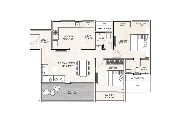 Floor plan of 2 BHK 950 Sq. Ft. Apartment in Millennium Emirus, Pune