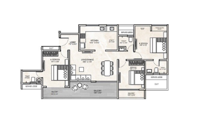 Floor plan of 3 BHK 1132 Sq. Ft. Apartment in Millennium Emirus, Pune