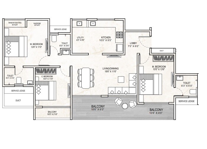 Floor plan of 3 BHK 1180 Sq. Ft. Apartment in Millennium Emirus, Pune