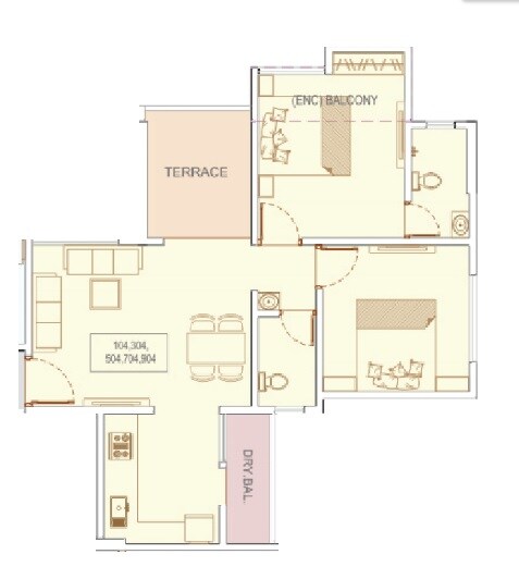 Floor plan of 2 BHK 514 Sq. Ft. Apartment in Millennium Manor, Pune