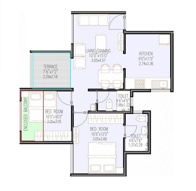 Floor plan of 2 BHK 466 Sq. Ft. Apartment in Millennium Paramount, Pune